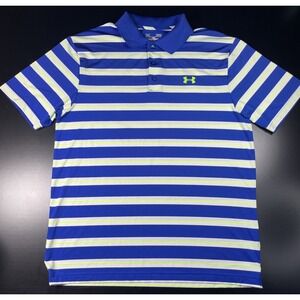UA Under Armour Polo Golf Shirt Mens Large -Blue Stripped HeatGear Short Sleeve